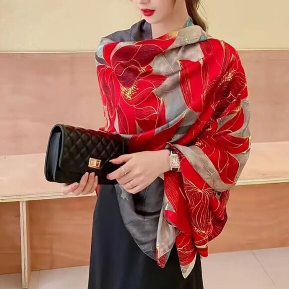 Anthropologie Accessories - NEW Elegant Red Blue Beige Large Silky Scarf Ruana Wrap Shawl